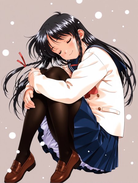 masterpiece,best quality,amazing quality,
1girl,solo,
retro artstyle,<lora:sugihara_manami_ilxl_v1.0:1>,s_manami,black hair,long hair,hair ribbon,twin braids,s_manami,serafuku,long_sleeves,blue skirt,black_pantyhose,brown loafers,
<lora:Fixhands_anime_bdsqlsz_V1:1>,simple_background,snowing,fetal_position,closed eyes,