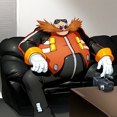 (score_9, score_8), solo, casting couch, couch, sitting, eggman, gloves, white gloves, mustache, facial hair, blue-tinted eyewear, goggles, goggles on head, fat, fat man, bald