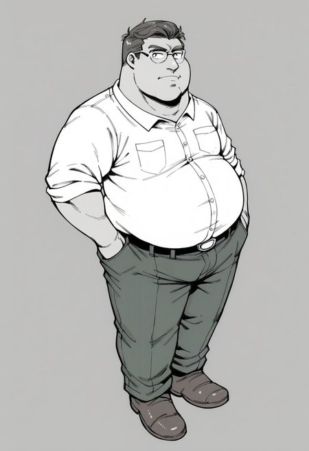 monochrome, grayscale, score_7_up, score_8_up, score_9_up, 1guy, male focus, solo, peter, fat, fat man, collared shirt, brown footwear, white shirt, belt, green pants, brown hair, glasses, simple background, looking at viewer
