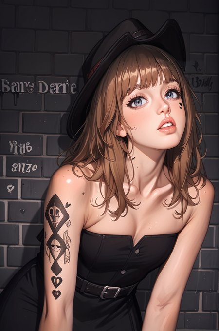 score_9, score_8_up, score_7_up, score_6, score_5, score_4, source_cartoon, realistic, rating_questionable , bent over,strapless,all foursdress, cowboy boots 1girl, cliffheart \(arknights\), arknights, Jane Porter, 22 yearold woman,close up parted lips, lips, teeth (<lora:2000s_Indie_Sleaze:0.85>445l34z3 <lora:MoriiMee_Gothic_Niji_Style.Pony.LoRA:0.6><lora:ttokgirls:0.4> t1kt0k50ld,) (simple tattoo) (~simple background|brick wall| graffiti, TGIF|urinal|water fountain, TGIF| water spigot, concrete wall, wanted}