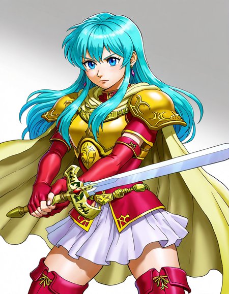 ootart, the legend of zelda: ocarina of time, fire emblem: the sacred stones, official art, 1girl, solo, eirika \(fire emblem\), legs apart, two-handed, gold armor, shoulder armor, breastplate, white pleated skirt, microskirt, red thigh boots, red elbow gloves, red fingerless gloves, yellow cape, holding sword, fighting stance, zettai ryouiki, thighs, closed mouth, cowboy shot, white background, masterpiece, best quality, absurdres, <lora:ootart:1>