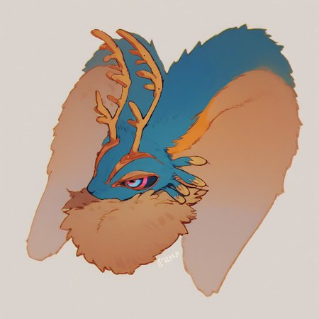 score_9, score_8_up, score_7_up, score_6_up, Fecto Elfilis, blue fur, multicolored eyes, head wings, antlers, yellow fur, colored sclera, fluffy tail