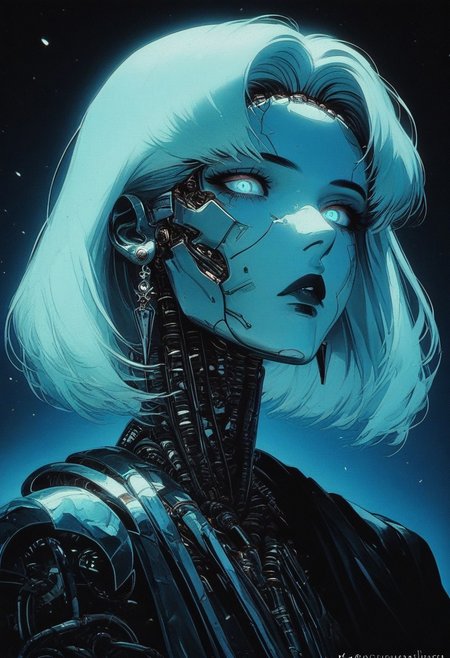 score_9, score_8_up, score_7_up, (unreal engine 5, unreal engine 3d scene), HD, details, high quality, rendered face, source_anime, good_hands. hourglass figure, perfect body,
score_9_up, score_8_up, score_7_up,source_anime, Chromecore,,highly detailed, sharp, masterpiece, intricate details, a sexy robot girl, simple background, dark and blue background, vibrant colors, colorful, metal skin, expressionless, serious, chromecore, bright, dark vibes, dark fantas, armor, monochrome, colored skin, gradient
BREAK
medium hair, earrings, cloak ,cape, jewelry, blue shorts, boots,
BREAK
soft skin, soft skin, shining glossy skin, soft abs, slim waist, (slender body),
Expressiveh, (volumetric lighting:1.2), cinematic, cinematic lighting, reflections, ultra hd, visual effects, graphic effects, 
ambient occlusion, raytracing, soft lighting, realistic, blum effect, masterpiece, absolutely eye-catching, particles, glow, shining, intricate cinematic background, (beautiful face), 
BREAK
 (score_9, score_8_up, score_7_up), (Masterpiece), (expressive eyes), 1girl, Automaton, colored skin, (white_skin:2.0), (joints:2.0), white hair, blue eyes, glowing blue eyes, <lora:MGE_V5.1:0.5>
BREAK 
score_9, score_8_up, score_7_up, score_6_up, score_5_up, 
<lora:mitraXLP:1> mitra,
<lora:Kenva:1.0> knva, halftone effect,
