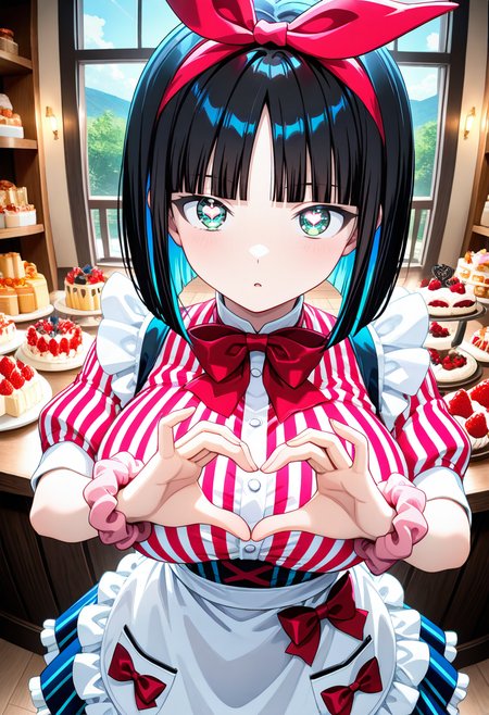 masterpiece, best quality, amazing quality, very aesthetic, absurdres, newest, scenery, <lora:illustrious_noobai_epsilon_pred_1_best_quality_v1:1> ,
1girl, <lora:eines_aut_reg_20250109:1> eines, crosshair pupils, black hair, short hair, bob cut, blunt bangs, colored inner hair, parted bangs, large breasts, red vertical-striped dress, pink wrist scrunchie, waist apron, red bowtie, bow hairband, 
solo, 
parted lips, showing heart gesture, looking at viewer, emotionless, 
indoors, cake shop, day, extremely detailed, ray tracing, RTX, high saturation, high contrast, photon mapping, <lora:IL cfg scale boost:0.7>,