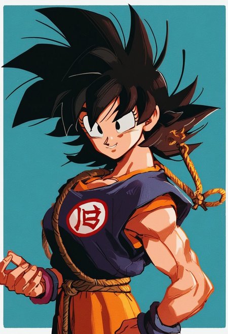 safe_pos, PonyScores7, score_9, score_8_up, score_7_up, Score_6_up, Score_5_up, Score_4_up,  source_anime, hi res, masterpiece, best quality, detailed, amazing quality, detailed background, detailed eyes, clean eyes, best quality, highres, Relio_PS, 1girl, female focus, female son goku, black eyes, dougi, spiked hair, black hair, wristband, smile, blue background, upper body, breast, simple background, clothes writing, looking away, looking to the side, sexy female, closed mouth, border, arms at sides, fingernails, long eyelashes