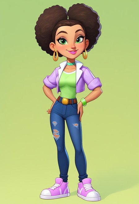 score_9, score_8_up, score_7_up, mercasg, BREAK 1girl, woman, young, solo, smile, medium breasts, thin, BREAK (light green eye shadow:1.5), pink lips, BREAK ((dark green eyes:1.5)), Afro hairstyle, dark brown hair, gold earrings rings on the left ear:1.2, (light green choker around the neck), ((purple cropped jacket with white lapel)), rolled up sleeves to the elbows, BREAK ((light green T-shirt:1.5)), dark purple cropped jeans with a torn bottom, pink sneakers with yellow stripes and white laces, BREAK right hand on hip, left hand down:0.8, standing, (full body), semi-sideways, half-sideways, BREAK green blurred background