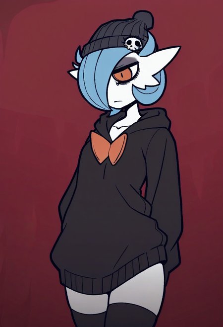 Masterpiece, best quality, aesthetic, high resolution, 1girl, anthro, solo, female, femboy, girly, Mega Gardevoir, emo, dark eyeshadow, orange eyes, blue hair, dark eye circles, black hoodie, bottomless, beanie, thighhighs, Vanripper