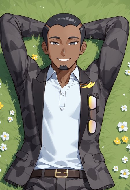 safe_pos, safe_pos, safe_pos, safe_pos, score_9, score_8_up, rating_nsfw, ultra hd, absurdres, best quality, best aesthetic, masculine, solo, 1boy, male focus, perfect proportions, handsome, erotic, alluring, mature male, coloured

PokeSalvatore, dark-skinned male, black hair, short hair, facial hair, goatee, shirt, jacket, eyewear hang, laying on grass, flowers, looking at viewer, smiling, Expressiveh, bedroom eyes, flirty eyes, arm behind head, armpit stain