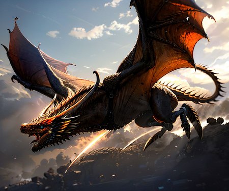 EdobDragon, sci-fi city future dragon with horns, open wings, flying, (realistic:1.5), <lora:EdobDragon_v1.0:1>