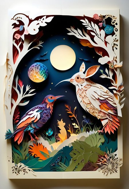 3D papercut shadow box of a parallel universe where animals have evolved to use technology, Patchwork Style, layered, dimensional, depth, silhouette, shadow, handmade, by various contemporary artists. 
concept-art, fantasy, epic, majestic, magical, dreamy, perspective, light and shadow, moody, epic, 
beautiful, painterly, aesthetic, textural, vivid, vibrant, intricate details, highly detailed, ultra-detailed, absurdres, 
aid291, ptchkrawk , Jed-pprct