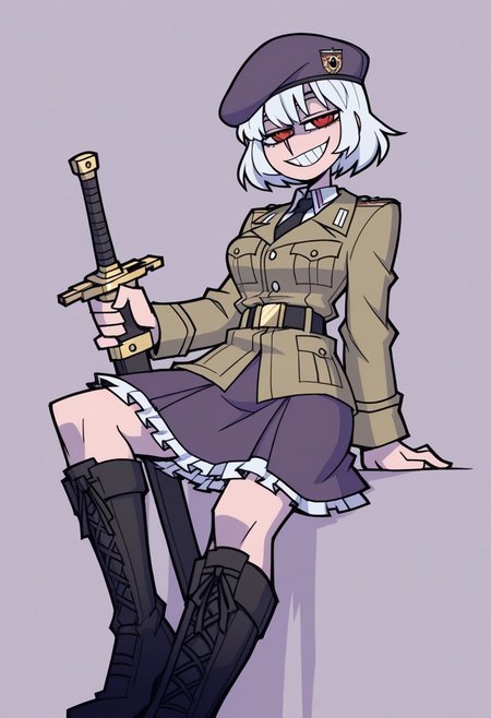 masterpiece, best quality, aesthetic, colorful, vanripper, BREAK,  1girl, solo, (tall, slanted eyes, red eyes, white hair, khaki military jacket, black belt, gold buckle, frilly skirt, closed jacket, white shirt collar, black tie, purple skirt, tall boots, black footwear,) evil smile, grin, lavender beret, military beret, sitting, holding sheathed sword, simple background,