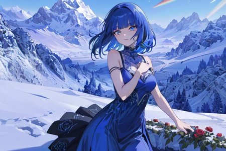 (masterpiece:1.4), 4K8K, (anime style), (high shutterspeed:1.4), (sharp edges), 
plants niji style,
flower rose, 1 woman prey with hands togather, neeling, leaning foward, 
wearing Celtic style dress, (Detailed face, Detailed eyes), 
im lapis lazuli colored roses, Alps in the background,