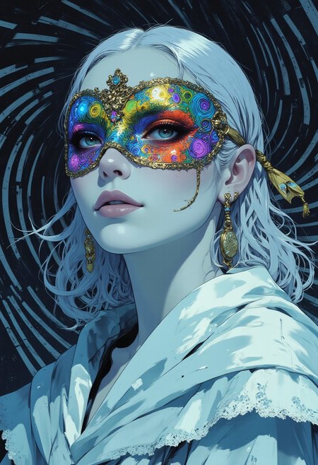 (in the style of cksc,, fantasy painting) A hyper-realistic digital artwork inspired by 90s anime and manga, featuring a stunning woman with flawless porcelain skin that glows with a soft luminescence. Her hair is striking white, flowing elegantly, and her mesmerizing light blue eyes reflect a kaleidoscope of colors, with intricate swirling patterns. She wears a jester mask crafted from vibrant neon dots in deep red, electric blue, bright yellow, vivid green, rich purple, and radiant orange, which shimmer and pulse with light. The mask is bordered with golden patterns, and the delicate golden twine stitches the mouth, glistening softly. Her flowing white robe cascades gracefully around her, enhancing the ethereal, surreal vibe. The background is an optical illusion, with black and white linear fractal lines twisting and intertwining, creating a dynamic, visually captivating effect. The composition has a high-contrast, cool-toned color scheme, with soft diffused lighting accentuating her features. Subtle shadows define her face, while sparkling golden elements, including a locket earring, add a touch of mystery. The scene embodies the essence of a cyberpunk anime fantasy, blending surreal and futuristic aesthetics in perfect harmony.