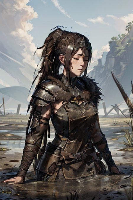 masterpiece, 
1 young adult woman, SenuaHell, solo, closed mouth, open eyes, ponytail, dark skin, armor, long hair, upper body, realistic, dreadlocks, brown hair, shoulder armor, jewelry, pauldrons, black hair, breasts, 
partially submerged into quickand
sharp focus, depth of field, ray tracing, rule of third,