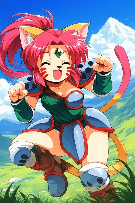 score_9, score_8_up, score_7_up, source_anime, rating_explicit, BREAK  <lora:Ryuquir_XL:1> Ryuquir, animal ears, tail, cat ears, facial mark, cat tail, closed eyes, ponytail, red hair, long hair, pink hair, cat girl, breasts, forehead jewel, green jewel,
mountain, sky, smile, open mouth,ãnose tape,ãpaw pose,
 shoulder armor, solo, weapon, armor,  furry,  grass, dagger, boots, looking at viewer, outdoors, fingernails,  shoulder pads,