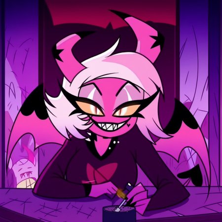 VerosikaMayday. VerosikaApologytour. demon girl. pink skin. horns. female focus. tail. wings. succubus, smile, teeth, nail polish, grin, evil smile, evil eyes, goth make up, sitting on grave, Oudoors, graveyard, looking at you, smoking