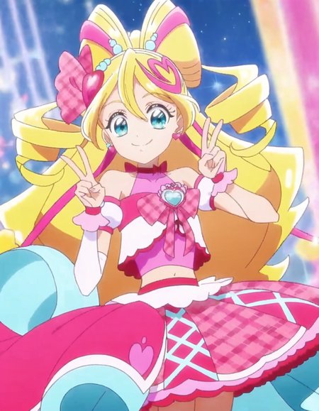 score_9, score_8_up, score_7_up,source anime,absurdres,solo,1girl, anime screencap,cureidol,  pink skirt, smile, skirt, jewelry, earrings, navel, looking at viewer, pink bow, midriff, magical girl, bow, heart, plaid, hair ornament, idol ,cowboy shotãpeace sign<lora:cureidol_pony:0.8>