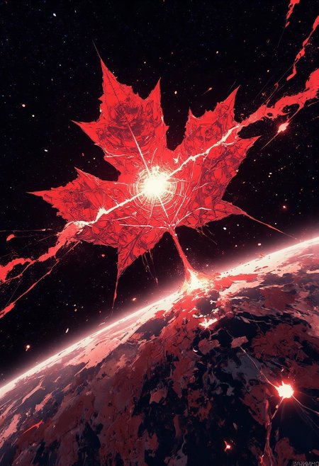 Atmospheric Shield Maple
"Mh1$AgThS2
Canada's atmosphere has been transformed into a defensive shield that extends 200 kilometers above the surface, its boundaries perfectly following the nation's borders to create a three-dimensional maple leaf of protected airspace. Viewed through a 14mm ultra-wide lens from high polar orbit, the scene captures the full extent of this atmospheric miracle against the black void of space. The shield appears as a semi-transparent crimson dome with varying opacity—densest at the borders and becoming increasingly transparent toward the center. Northern lights dance along the shield's interior surface, their patterns controlled to form animated national symbols. Where the shield meets the unprotected atmosphere of neighboring countries, energy cascades downward in waterfall-like effects that glow with intense boundary enforcement. A massive solar flare strikes the eastern provinces, the shield absorbing and redistributing the radiation in spectacular fashion, creating starburst lens flares that dominate the frame.
The entire composition radiates with the protective energy of a nation that has mastered its own atmosphere, the shield's crimson glow visible from as far away as the Moon.
Thin border of atmospheric composition measurements showing optimal life support on an epic border background."
