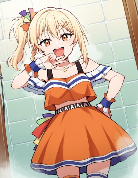 score_9, score_8_up, score_7_up, source_anime, <lora:ai-miyashita-saikou-heart-mv-ponyxl-lora-nochekaiser_r1:1>, ai miyashita, bangs, blonde hair, hair ornament, orange eyes, braid, sidelocks, medium hair, side ponytail, orange eyes, french braid,, skirt, thighhighs, jewelry, collarbone, necklace, off shoulder, tank top, wristband, cheerleader, pom pom (cheerleading), orange skirt, gyaru, heart necklace, shower, water, steam, shower head, tiles, smile, <lora:ojou-sama-pose-ponyxl-lora-nochekaiser:1>, ojou-sama pose, laughing, smug, hand to own mouth, open mouth,, looking at viewer, solo,, dutch angle, cowboy shot