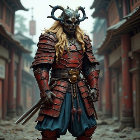 photo of a character adorned in reddish-orange rusted samurai armor, exuding an aura of ancient power and menace. The armor is worn and battle-scarred, adding to the character's fearsome appearance. Atop their head, they wear a horned helmet that complements a demonic-looking black closed mouth skeletal mask, which conceals their face and adds an air of mystery and intimidation.
A wild mane of blond hair spills out from beneath the helmet, contrasting sharply with the dark, weathered metal. The character's broad shoulders are accentuated by pauldrons designed to resemble demonic faces, adding to the overall theme of otherworldly power.
Around their waist is a gold belt, from which two tassels dangle, providing a touch of elegance to the otherwise fearsome ensemble. They wear blue hakama pants that flow beneath the armor, along with red vambraces and greaves that protect their forearms and shins. The character's footwear consists of open-toed sandals, allowing for agility and quick movement in battle.
The overall image is one of a formidable warrior, blending elements of traditional samurai attire with demonic and mystical influences, creating a striking and memorable presence.in a destoyed street,cinematic