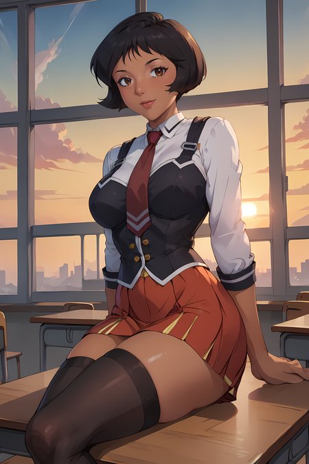<lora:brj-alex-ponyXL-v0.5:1> alex \(totally spies\), short hair, black hair, brown eyes, dark skin,
large breasts, solo, school classroom,
sunset,yellow sky,
Sitting with one leg bent in and the other bent back,,
<lora:bible_black_uniform_xl_v3:0.8> school uniform, white shirt, black vest, black thighhighs, red skirt, red necktie