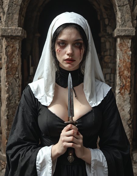 medieval style 1girl, holding a  bloody knife, alluring, cleavage, nun,  <lora:Irreverent_Nuns:0.8> . historical, ornate, religious, gothic, <lora:EldritchCandids1.1.2:0.4> <lora:real_dream_pony_realistic_lora_3:0.4> <lora:MJ52:0.3> <lora:FF.101.juggernautXL_version6Rundiffusion.LORA:0.4> <lora:JuggerCineXL2:0.3>
