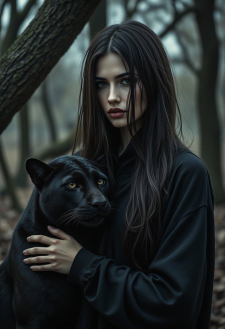 Gothic fantasy portrait, dark sorceress with flowing black robes, black panther, eerie forest with twisted trees, haunting and mystical
,aidmafluxproultra, aidmaHyperrealism, aidmaMJ6.1