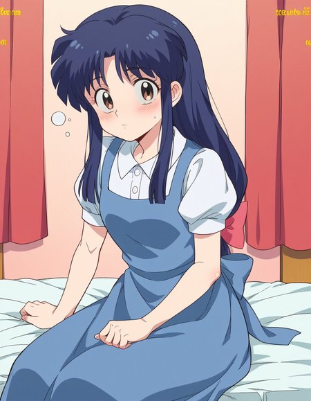 score_9, score_8_up, score_7_up, source_anime, <lora:akane-tendou-leak-ponyxl-lora-nochekaiser:1>, akane tendo, long hair, black hair, brown eyes, blue hair, sidelocks,, school uniform, pinafore dress, short sleeves, collared shirt, puffy sleeves, blue dress,, indoors, bed, bed room, on side, blush, drunk, looking at viewer, solo,, cowboy shot, dutch angle