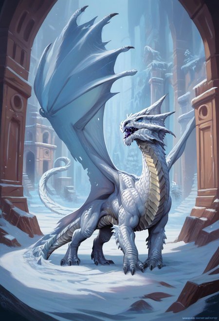 (score_9, score_8_up, score_7_up, score_6_up),(EasyNegativeV2:1.3), 
PonyXLV6_Scores, detailed,source_furry, rating_safe,   claws, horn, tail, solo, monster, dnd_dragon,Feral dragon, whitedrg,  (dragon tail),  membraned wings, wings, high quality, dragon female, huge, (white scales:1.5), winter frozen ruins background, fangs, claws, feral dragon, wings,