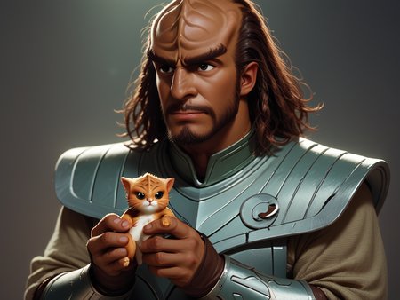 holding a cute kitten <lora:Klingon_v2_pony:1> score_9,score_8_up,score_7_up,score_6_up,score_5_up,score_4_up , 1man, kling0n alien, large forehead ridges, brown skin, large eyebrows, wearing warrior armor,