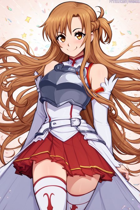 score_9, score_8_up, score_8, medium breasts, (curvy), cute, eyelashes,       BREAK, , zzAsuna, asuna (sao), long hair, brown hair, brown eyes, braid, very long hair,  thighhighs, bare shoulders, detached sleeves, armor, white thighhighs, breastplate, red skirt,   <lora:Asuna_SAO_PDXL_v3:0.8>,, BREAK, <lora:Afrobull_PDXL_v4:0.8>,  BREAK, smile, looking at viewer, closed mouth, cowboy shot,  embedding:zPDXL, Expressiveh,  <lora:SDXLFaeTastic2400:0.5>,  <lora:Expressive_H-000001:0.4>,