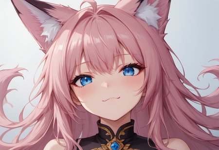 (masterpiece), (best quality), source_anime+, perfect anatomy, HD, 10k res, digital_media_(artwork) hi_res, intricate, high quality, amazing quality, Expressive Face, 
A fox girl with long pink hair and blue eyes, Drestoria-Style_V1, semi-realism, nose, Zyrnox-Exoterra Style