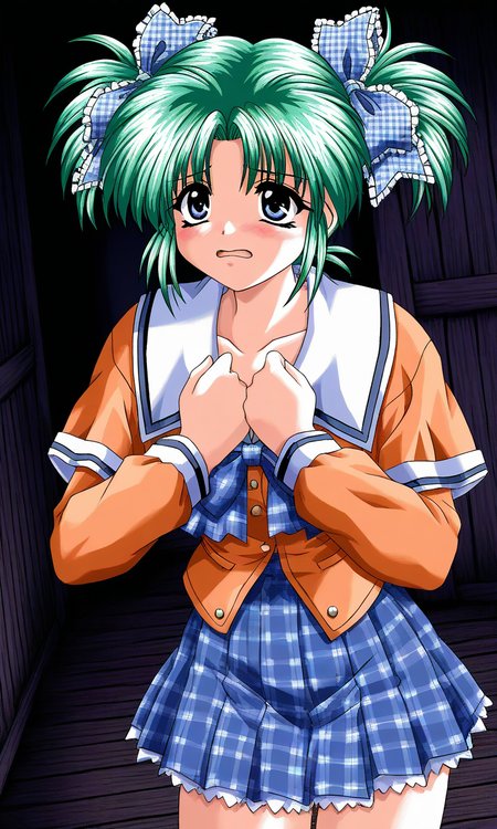 general,highres, ultra-detailed,very aesthetic,best quality ,best hands, BREAK <lora:Minase_Ruka_Akumu_AoiKajitsunoSange_IS:1>
Minase_Ruka, 1girl, solo, green hair, short twintails, blue eyes, hair ribbon, blue plaid ribbon, 
school uniform, ribbon, orange sleeve, embarrassed+afraid,
outdoors,hands on own chest,, plaid skirt, plaid bow, long sleeves, serafuku, 
wood room, dark room,