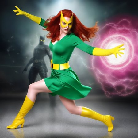 HDR photo of a full body redhead woman wears a green dress and a yellow mask and yellow highboots, powerfull superhero, casting a powerfull spell, dramatic pink ball energy from hands  <lora:MarvelGirl1024:0.8> . High dynamic range, vivid, rich details, clear shadows and highlights, realistic, intense, enhanced contrast, highly detailed