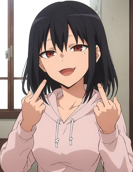 score_9, score_8_up, score_7_up, score_6_up, score_5_up, score_4_up, source_anime, <lora:Anetoro_T2V2:0.85>,
1girl, solo,  anime screencap,
Anetoro_T2V2, black hair, medium hair, hair between eyes, sidelocks, brown eyes, red eyes, medium breasts,
pink hoodie, hood down, long sleeves, collarbone, drawstring,
hands up, double middle finger,
looking at viewer, smug, open mouth, :3,
indoors, upper body,