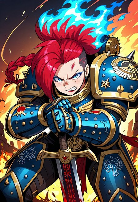 (masterpiece, best quality, ultra-detailed:1.4), 1girl,  
(undercut long half-shaved hair:1.3), (asymmetrical fiery red hair with crested waves:1.3),  
(sharp blue eyes with piercing gaze:1.2), (light freckles across nose and cheeks:1.1),  
(asymmetrical bangs swept to one side:1.2), (braided ponytail with battle-worn ribbons:1.2),  
(colored eyelashes with metallic blue highlights:1.1), (smoky blue eyeshadow:1.2),  
(glossy dark lipstick with a hint of smirk:1.1), (slightly sharpened teeth:1.1),  
(warhammer armor with engraved battle runes:1.4), (jagged spiked pauldrons:1.3),  
(massive two-handed sword with glowing edge:1.4), (scuffed gauntlets with blood splatter:1.2),  
(annoyed battle-ready expression:1.3), (clenched teeth with visible frustration:1.2),  
(dynamic side-angle combat stance:1.3), (burning battlefield with crumbling ruins:1.3),  
(cinematic rim lighting casting dramatic shadows:1.4), (volumetric fire glow:1.2),  
(soft shadows enhancing depth:1.2), (floating embers and smoke trails:1.1),  
(slight motion blur on swinging sword:1.1)