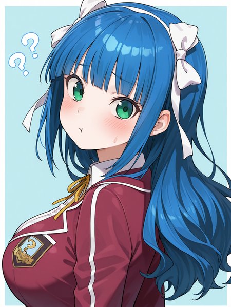 yukiko umino, 1girl, solo, blush, from side, :t, upper body, looking back, blue background, large breasts, duel academy uniform \(yu-gi-oh! 5d's\), yellow neck ribbon, red blazer, white collared shirt, white hair ribbon, white border,?
masterpiece,best quality,amazing quality,very aesthetic,absurdres,newest,<lora:Yukiko Umino & Mei Kitaki & XXXX  5 in 1 illusXL v1:0.72>,