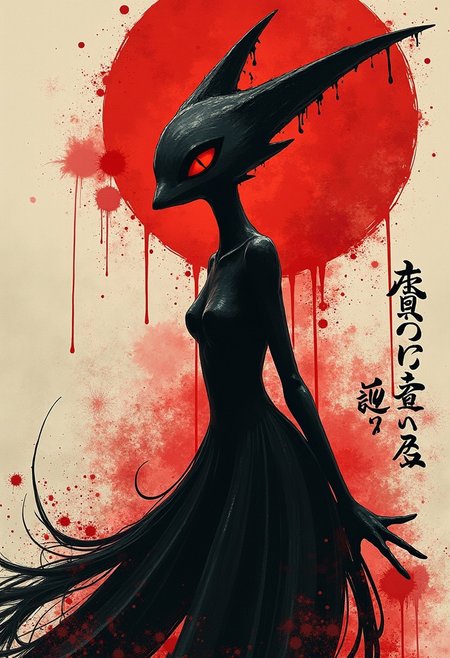 poster art. stunning beauty Gardevoir from Pokemon. Gardevoir poses looking back. ink, abstract, punk collage, (random textures, random graffiti, kanji characters, glitch effect:1.2). surrealism, Expressionism. Impermanence. (intricate details, masterpiece, best quality:1.1). full  body, red and black color palette. soft lighting. by Franz Marc and Max Ernst. lyh_niji.