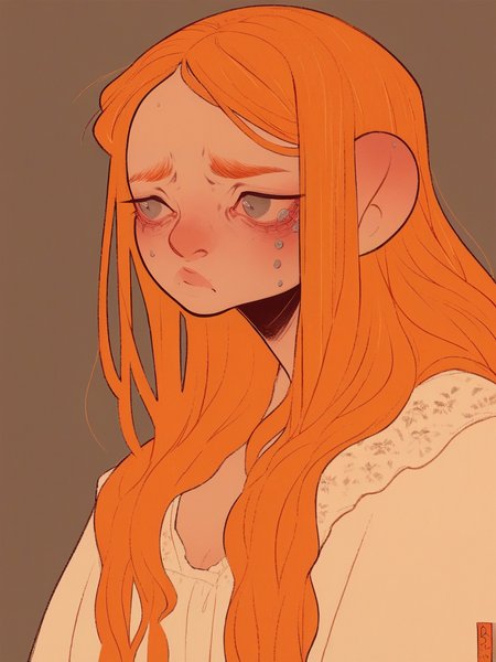 score_9, score_8_up, score_7_up, score_6_up, score_5_up,  <lora:BSXLP:1> bs, 1girl, orange hair, long hair, grey eyes, sad