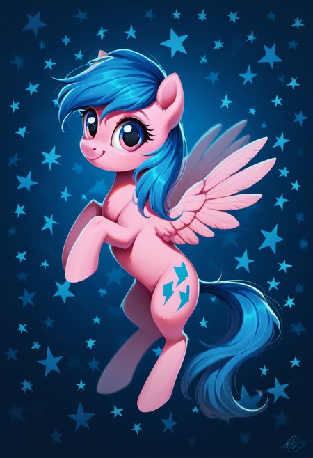 score_9, score_8_up, score_7_up, score_6_up, score_5_up, score_4_up, my little pony, ((feral pony)),   1girl, ((solo)), (sexy),beautifully detailed, (detailed cute pony face), ((detailed blue starry background:1.5)), ((woman)), high angle, (cute smile:1.0), ((up-close))  1girl, ((solo)), (sexy), full body,  <lora:G1__Firefly:1>G1 Firefly, pink body, hair and tail, A symbol in the form of a blue lightning bolt is depicted on the sides