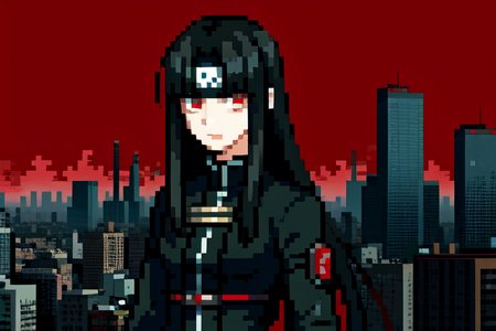 highly insanely detailed, masterpiece, top quality, best quality, highres, 4k, 8k, RAW photo, (very aesthetic, beautiful and aesthetic),  
beth_\(megami_tensei\),bethsmtii,shin megami tensei ii,long hair,black hair,straight hair,sleek black,jewelry,cross,headband,red_lipstick,Tokyo_Millennium,post-apocalyptic_city,dystopian_world,Great_Cataclysm,World_ending_event,apocalyptic_disaster,city_rebirt, 
<lora:zs_Beth:0>, 
(1girl:1.3), 1other, 
Village,deep crimson background,âââ