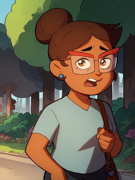 Camila, 1girl, solo, brown hair, glasses, earrings, shirt, jewelry, brown eyes, bag, shoulder bag, blue shirt, short sleeves, open mouth, tree, pants, hair bun, short hair, outdoors, over-rim eyewear <lora:CamilaPony1.0:1.0>, score_9, score_8_up, score_7_up, score_6_up, score_5_up, score_4_up, looking at viewer, zPDXL  <hypernet:bad-hands-5:1>