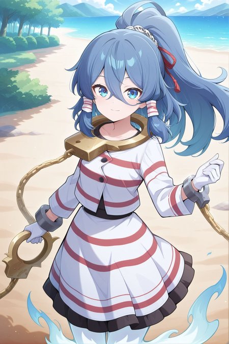 absurdres, highres, masterpiece, best quality, amazing quality, official anime artwork, screencap, anime screencap, outdoors, looking at viewer, light smile, dynamic pose, standing,
 <lora:Mizuchi-Miyadeguchi_Illustrious:1> miyadeguchi mizuchi,  1girl, solo, blue eyes, blue hair, long hair, hair tubes, ponytail, ghost tail,, skull hair ornament, white gloves, white shirt, long sleeves, striped shirt, striped skirt, chain, cuffs, shackles, gold handcuffs, sleeve ribbon,