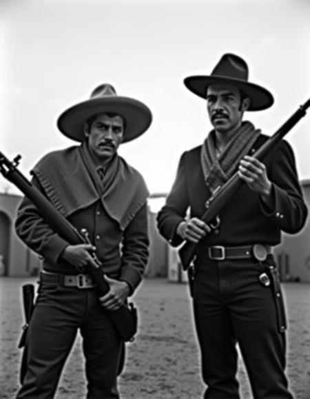 <lora:Mexican Noir Style-flux:1> mxnoirsty, black and white, dark,   Duel at Dawn â Mexican Revolution Showdown (Captured with a Vintage Leica IIIC, Soft Morning Fog for Atmosphere)
Two revolutionaries, their sarapes draped over their shoulders, stand in a dusty town square as the first light of dawn spills over the rooftops. One adjusts his wide-brimmed sombrero, his leather gun belt tight across his chest, his pistol glinting in the dim light. The other, a former friend turned enemy, grips his rifle, his expression hard as stone. The quiet is heavy, only disturbed by the distant braying of a mule. Shot on a vintage Leica with a soft focus on the morning fog rolling in, the scene captures the inevitable tragedy of a brotherhood torn apart by war.