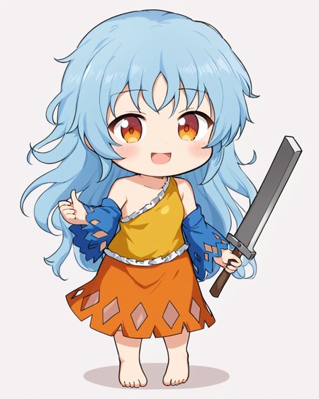 sakata nemuno,1girl, solo, nata_\(tool\), open_mouth, full_body, white_background, detached_sleeves, single_strap, fang, smile, orange_dress, simple_background, barefoot, holding, blue_sleeves, one-hour_drawing_challenge, multicolored_dress, standing, chibi, cleaver, bare_shoulders, looking_at_viewer, yellow_dress
<lora:sakata_nemuno_image573_2023-12-20-000015:1>,star-shaped_pupils,symbol-shaped_pupils,. gorgeous,key visual, vibrant, studio anime,award-winning, professional, highly detailed,high budget, cinemascope