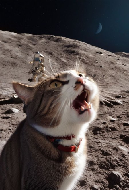 ASCII,masterpiece, hyper detailed, 8k, ray tracing, ultra sharp,
cinematic film still anime artwork,  cfb ,close up of a surprised and shocked cat foreground, (a mission apollo on the moon background:1.3), vibrant, highly detailed,  shallow depth of field,,cinemascope, moody, epic, gorgeous, film grain, grainy,meme,parody,deep black sky, apollo_style