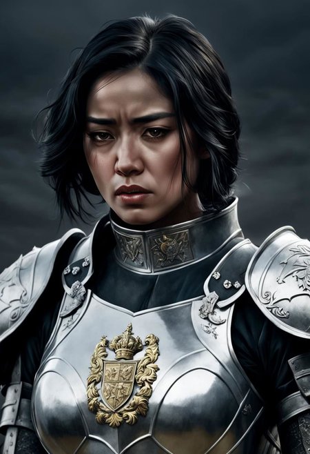 Illustration of a black-haired woman, upper body, she is wearing silvery armour with a heraldic coat of arms, she is crying, her head is tilted downwards, behind her battlefield, gloom, pain, horror, battlefield, war, war, soldiers fighting, (night:1.4), dark atmosphere, symmetrical eyes, fine details best quality, hyperdetailed face, (photorealistic:1. 4), (highest quality), (best shadow), high contrast