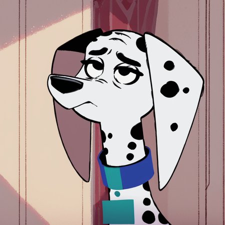 score_9, score_8_up, score_7_up, score_6_up, score_5_up, score_4_up, <lora:DelilahDalmatian:1>, delilahdalmatian, solo, closed mouth, no humans, parody, looking up, animal focus, dog, animal, black and white fur, collar, spots, dalmatian, dog ears, body fur
