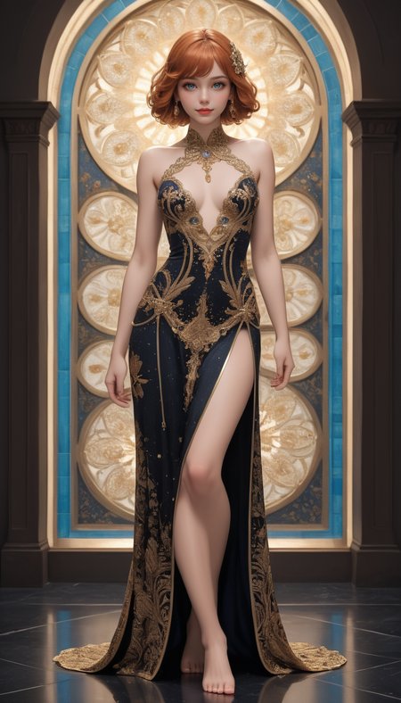 Full Body Shot, girl, adult, cute, seductive, innocent, light smile:0.3, plump lips, slender body, barefoot, with long brown hair and red hair, in the style of dark sky-blue and light orange, intricate costumes, light gold and white, harmonious color palette, vibrant, art nouveau, depth of field, dynamic angle, fashion photography, sharp, hyperdetailed:1.15, 4n1v3rs3