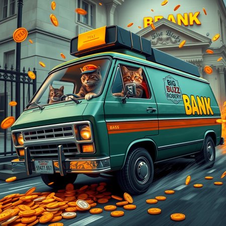 Ultra realistic. BIG BANK CLASSIC STYLE, 2 CATS THIEFS WITH CAP DRIVING  aN oversized old 80s van, the van is kicking up ORANGE COINS BEHIND as it speeds away with it's front wheels turned. The van has an "BIG BUZZ ROBERY" logo on it's side. The van is pulling out of the gate of the BANK, MANY TICKETS WITH ORANGE LIGHTING DRAW FLYING, three-quarters view, intricate details